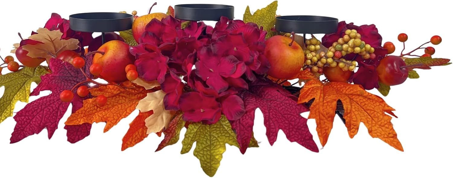 26 Inch Fall Candle Holder Centerpiece with Hydrangea and Apples, additional listing view 4