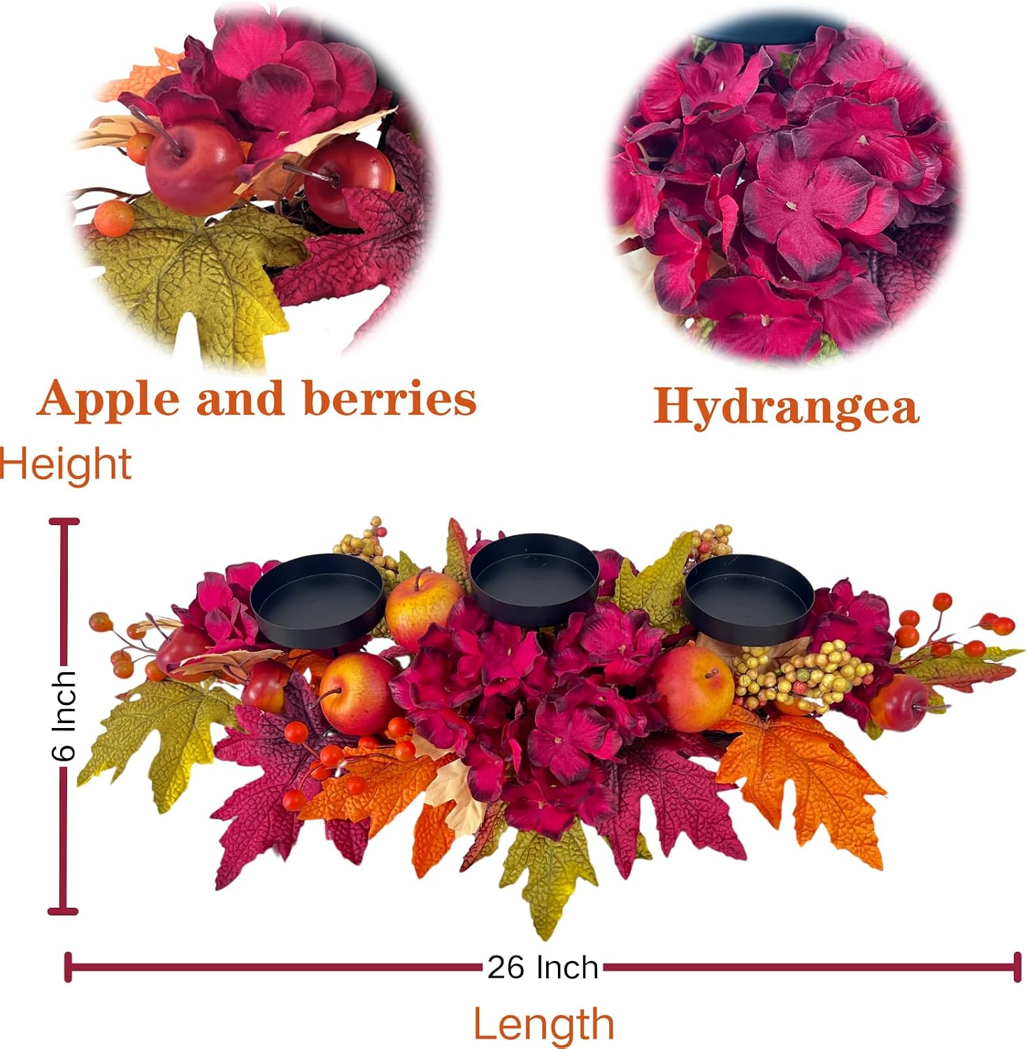 26 Inch Fall Candle Holder Centerpiece with Hydrangea and Apples, additional listing view 5
