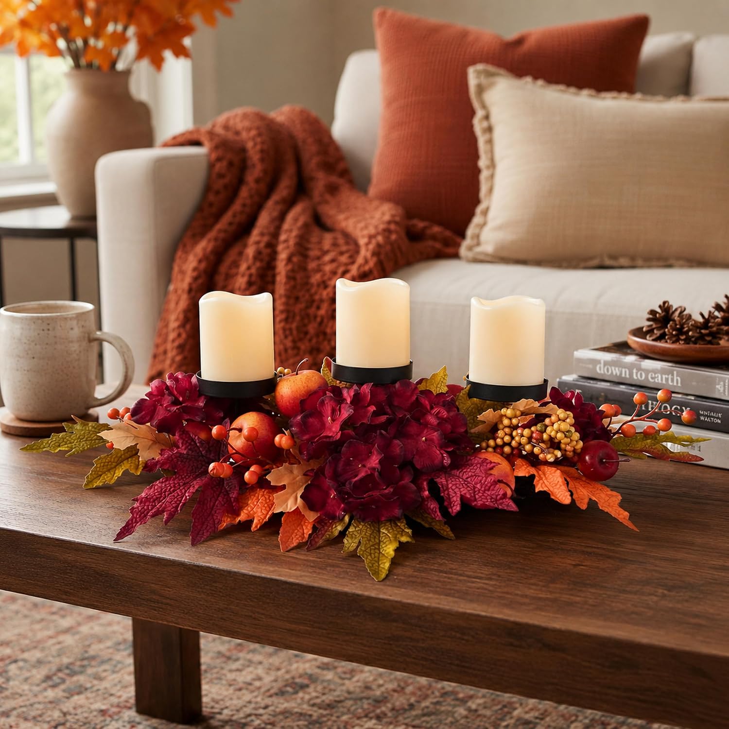 26 Inch Fall Candle Holder Centerpiece with Hydrangea and Apples, additional listing view 6