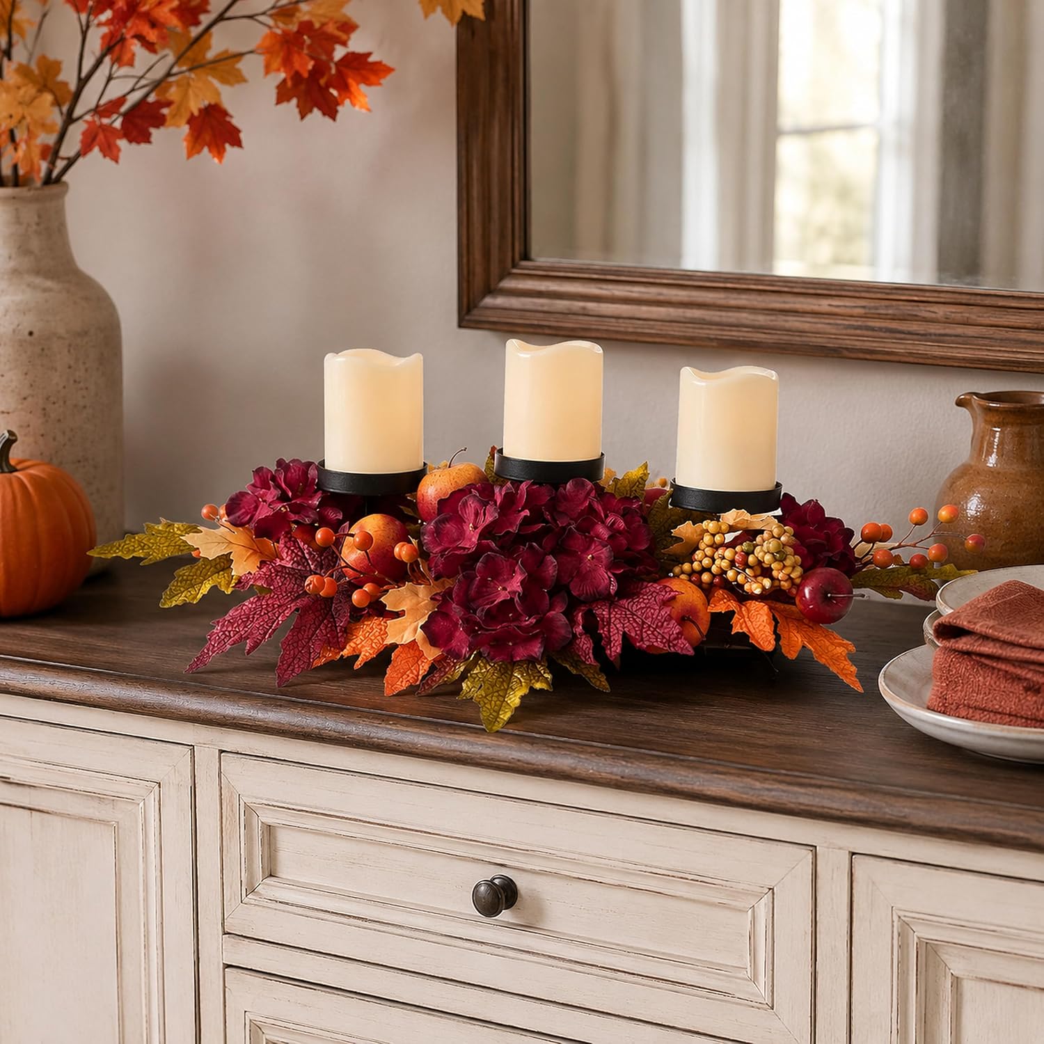 26 Inch Fall Candle Holder Centerpiece with Hydrangea and Apples, additional listing view 7