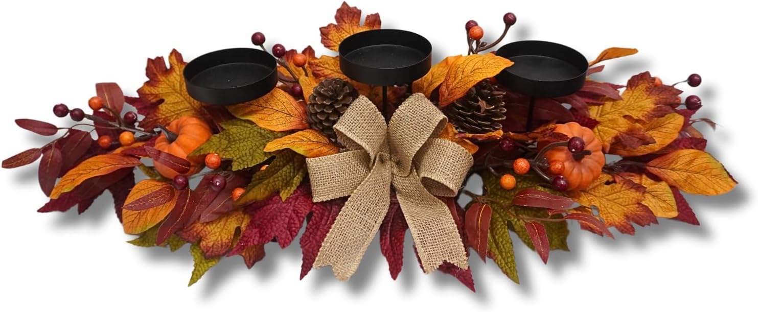 26 Inch Fall Candle Holder Centerpiece with Pumpkins and Burlap Bow, main product view