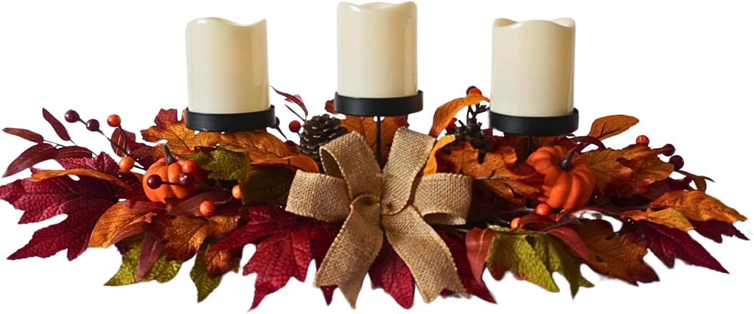 26 Inch Fall Candle Holder Centerpiece with Pumpkins and Burlap Bow, additional listing view 2