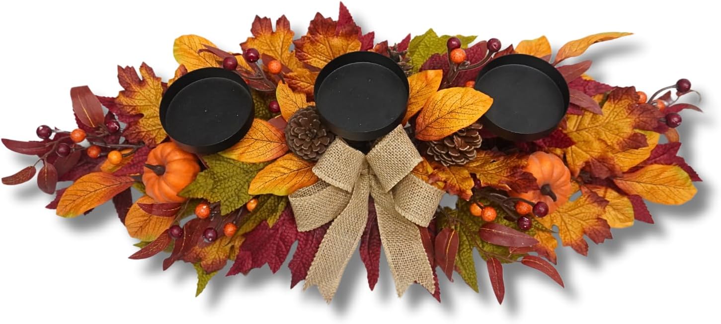 26 Inch Fall Candle Holder Centerpiece with Pumpkins and Burlap Bow, additional listing view 3