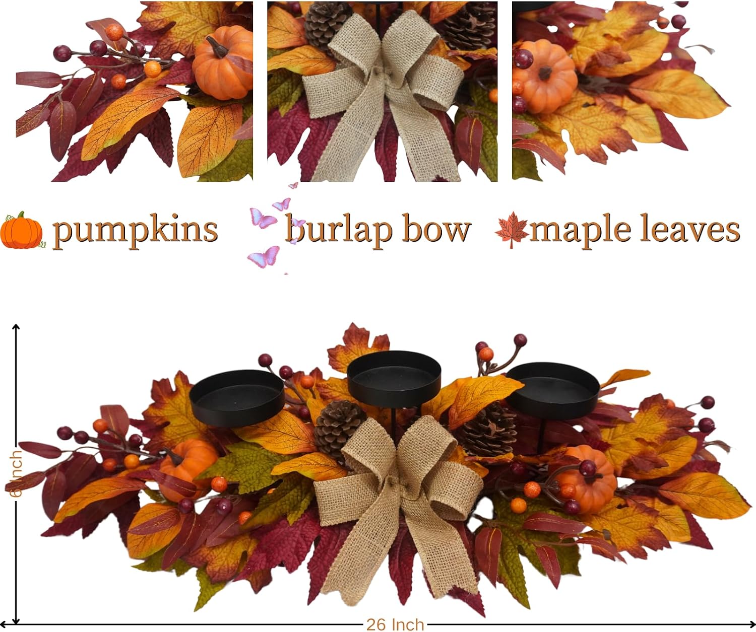 26 Inch Fall Candle Holder Centerpiece with Pumpkins and Burlap Bow, additional listing view 4