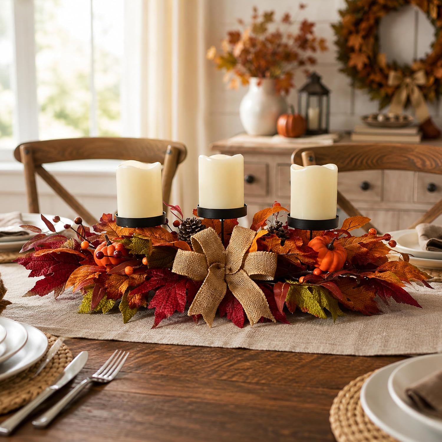 26 Inch Fall Candle Holder Centerpiece with Pumpkins and Burlap Bow, additional listing view 5