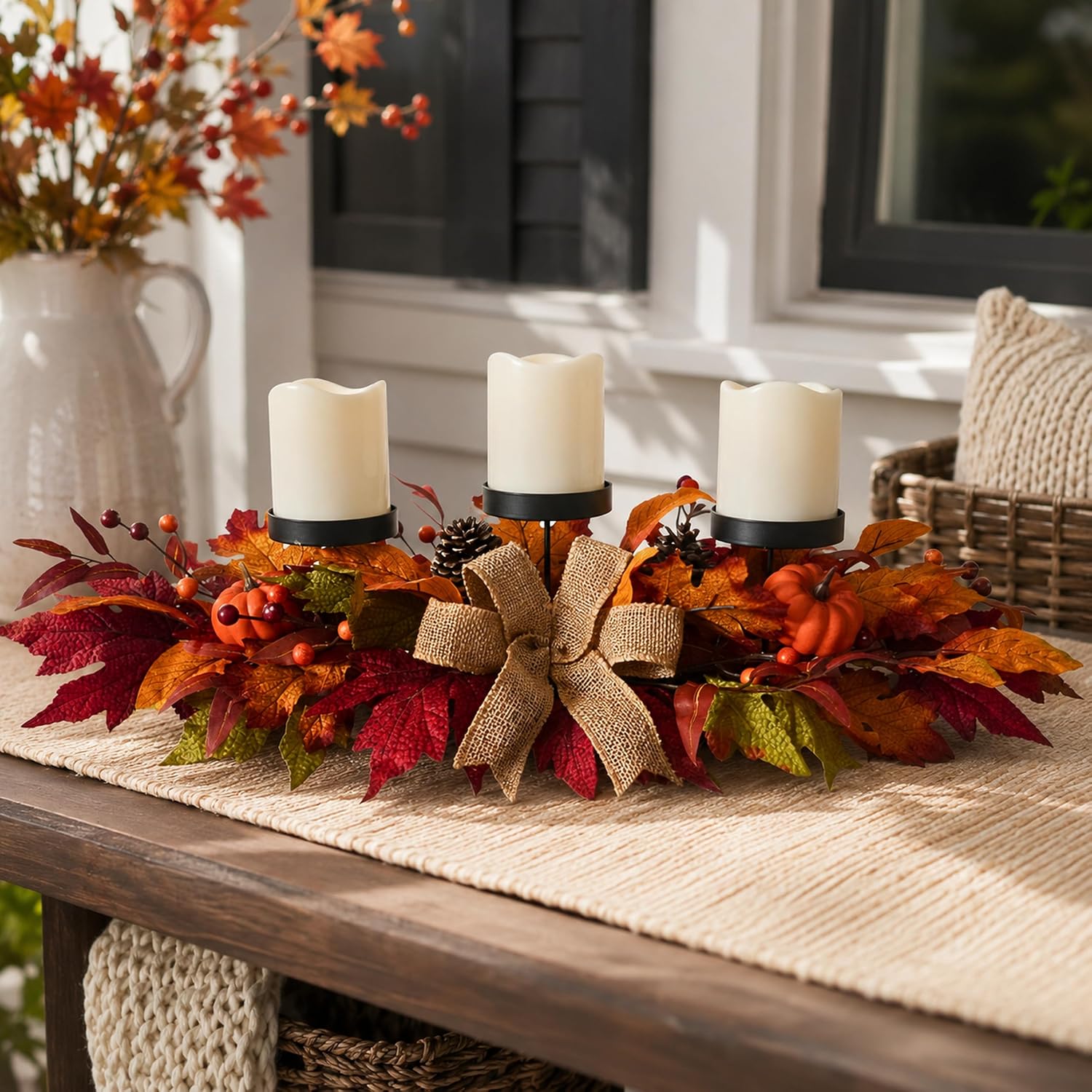 26 Inch Fall Candle Holder Centerpiece with Pumpkins and Burlap Bow, additional listing view 6