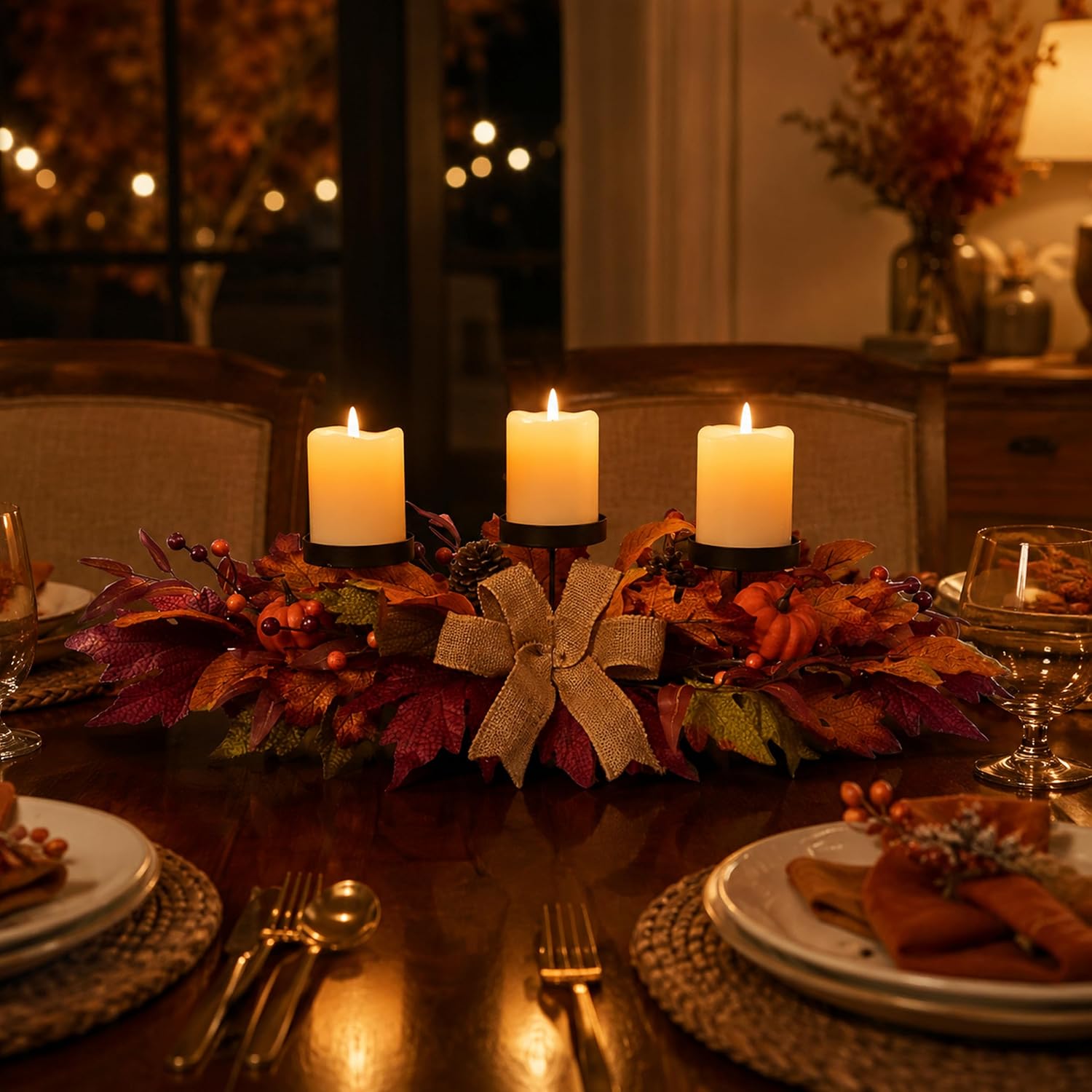 26 Inch Fall Candle Holder Centerpiece with Pumpkins and Burlap Bow, additional listing view 7