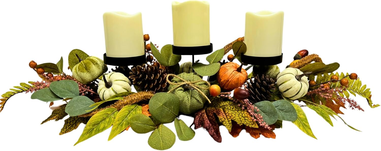 26 Inch Fall Candle Holder Centerpiece with Pumpkins Pinecones, main product view