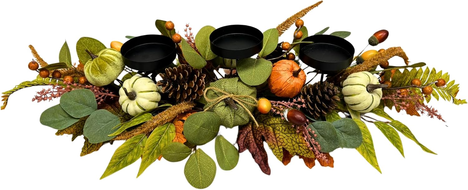 26 Inch Fall Candle Holder Centerpiece with Pumpkins Pinecones, additional listing view 2