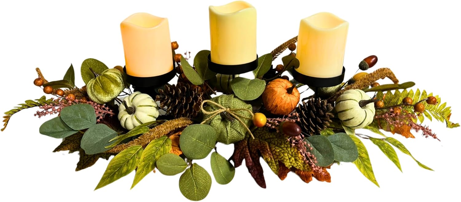 26 Inch Fall Candle Holder Centerpiece with Pumpkins Pinecones, additional listing view 3