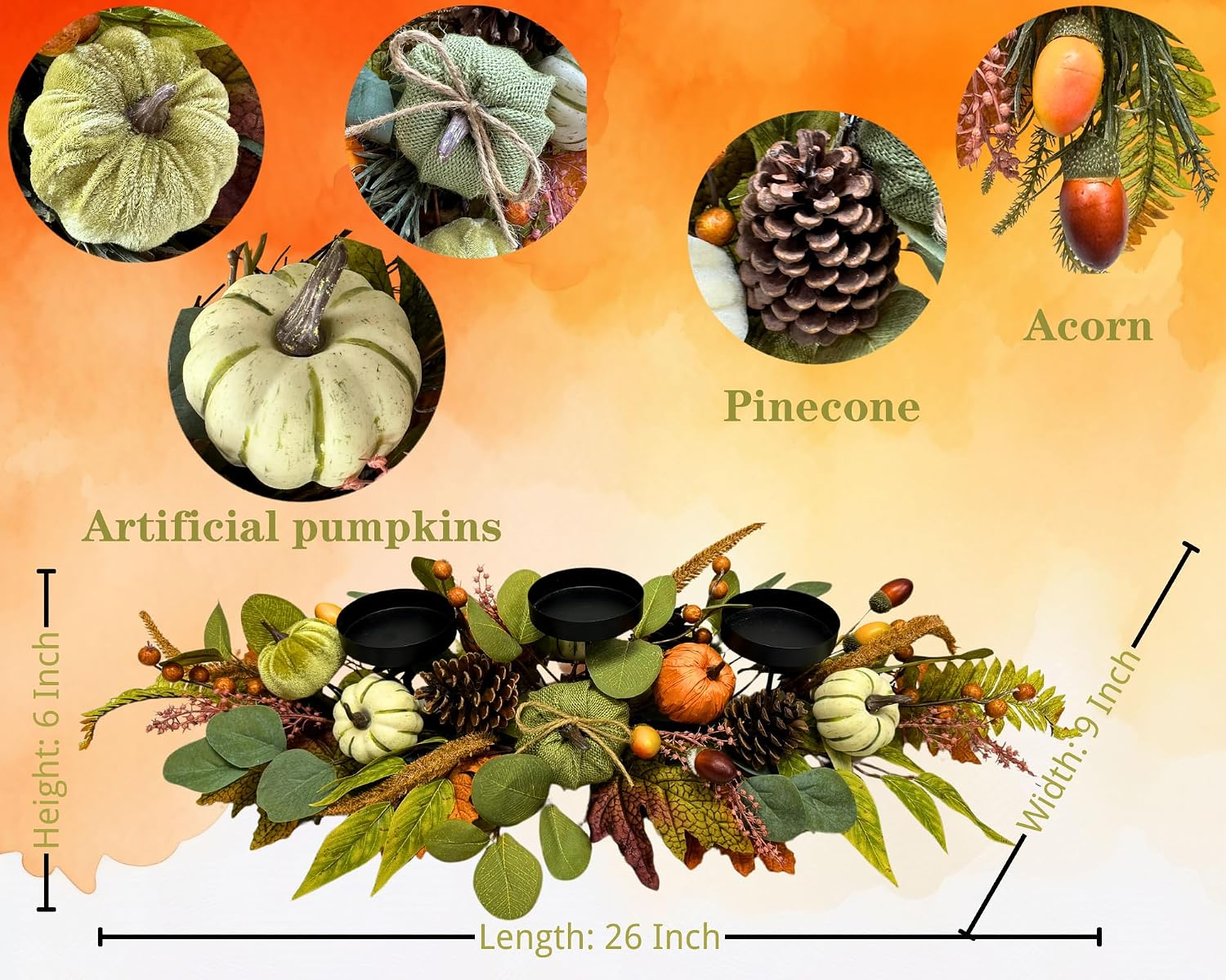 26 Inch Fall Candle Holder Centerpiece with Pumpkins Pinecones, additional listing view 4