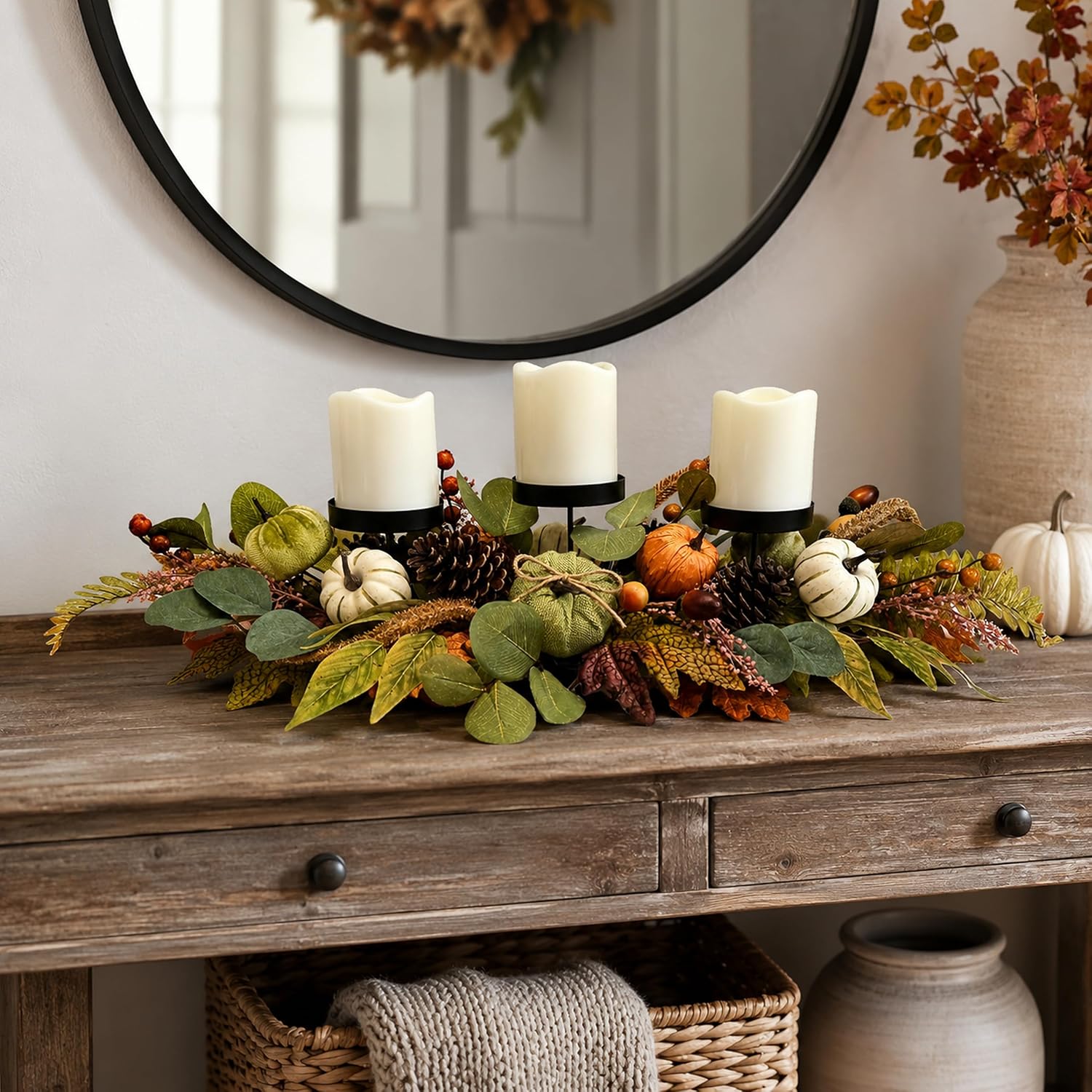 26 Inch Fall Candle Holder Centerpiece with Pumpkins Pinecones, additional listing view 6