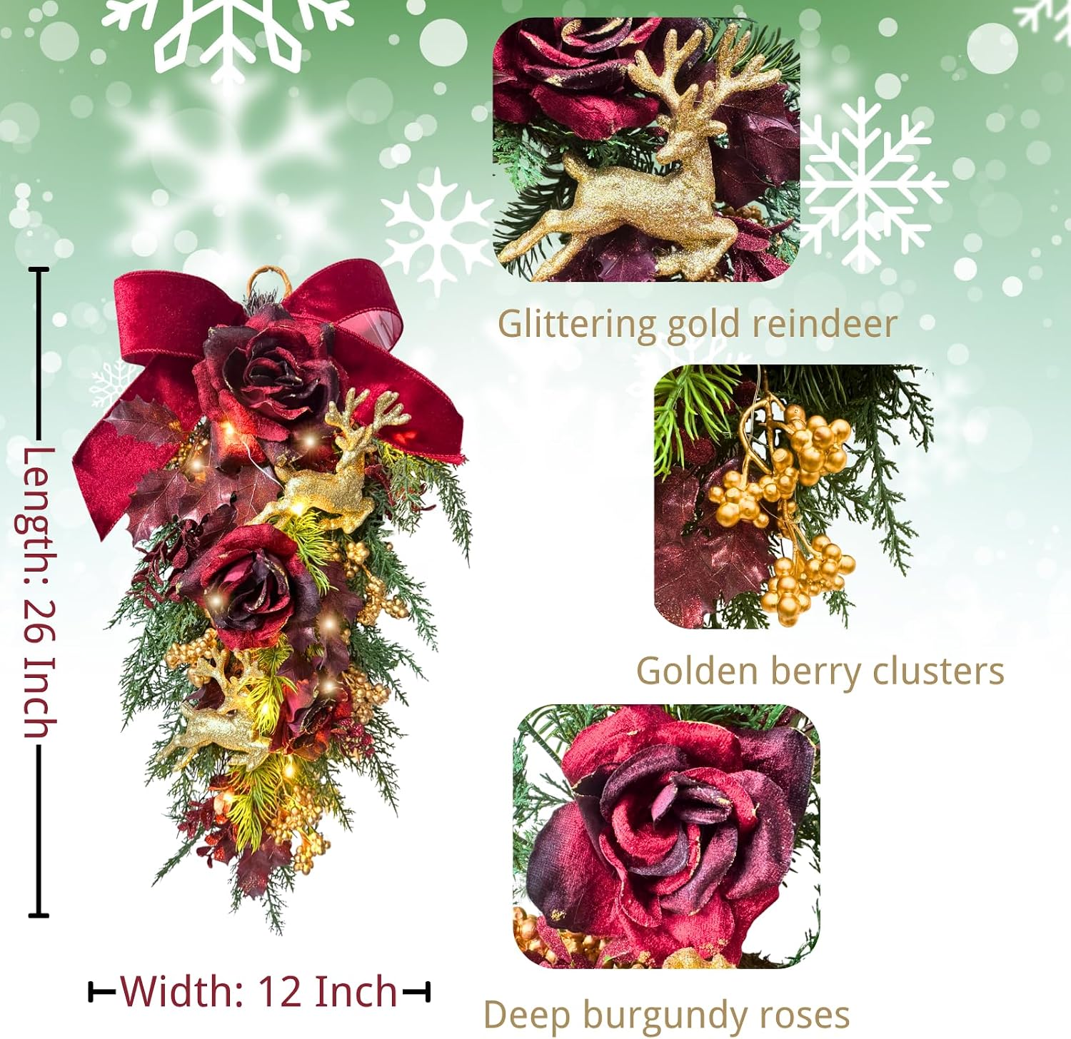 26 Inch Lighted Christmas Door Swag with Timer and 2 Light Modes, additional listing view 3