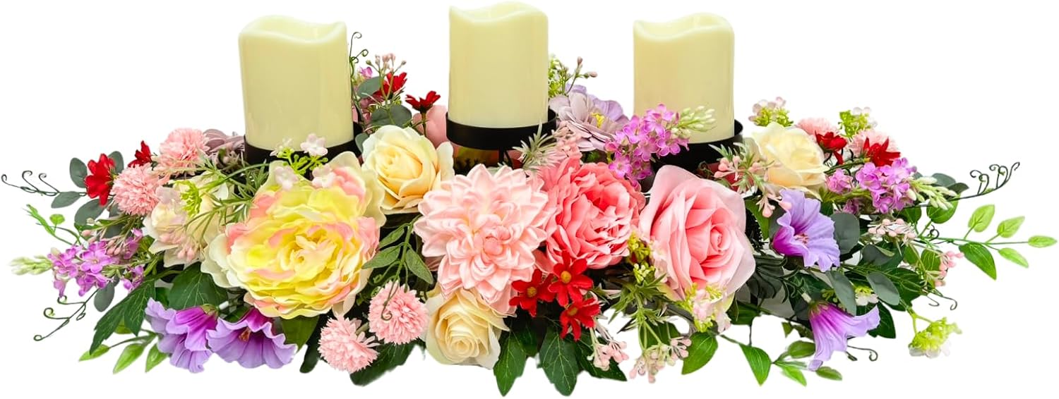 26 Inch Spring Floral Candle Holder Centerpiece with 3 Cups, main product view