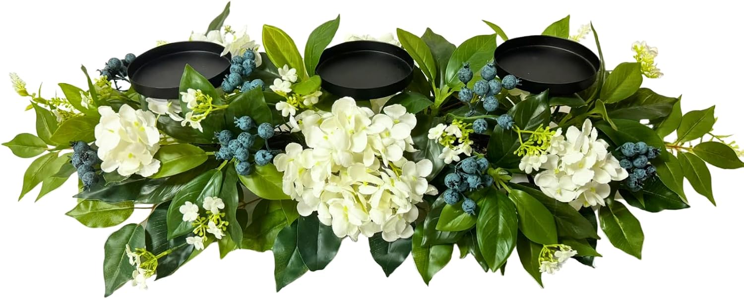 3 Candle Holder Centerpiece with Faux White Hydrangeas and Berries, main product view