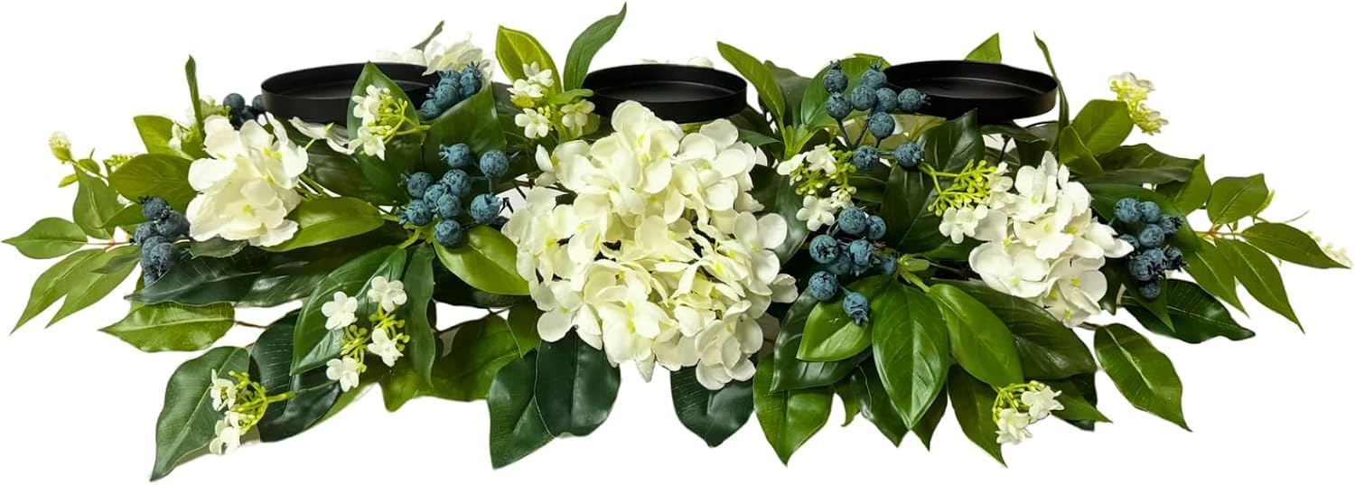 3 Candle Holder Centerpiece with Faux White Hydrangeas and Berries, additional listing view 2