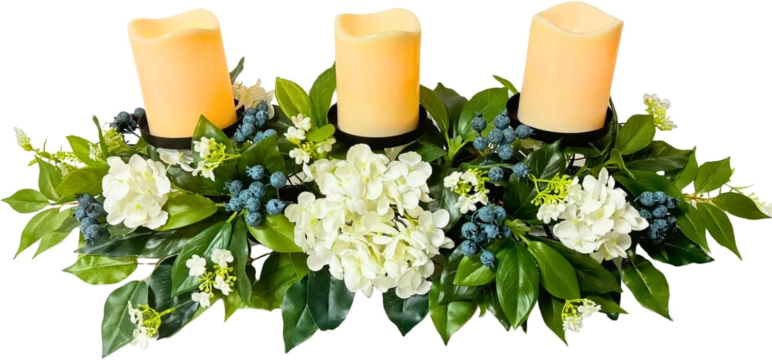 3 Candle Holder Centerpiece with Faux White Hydrangeas and Berries, additional listing view 3