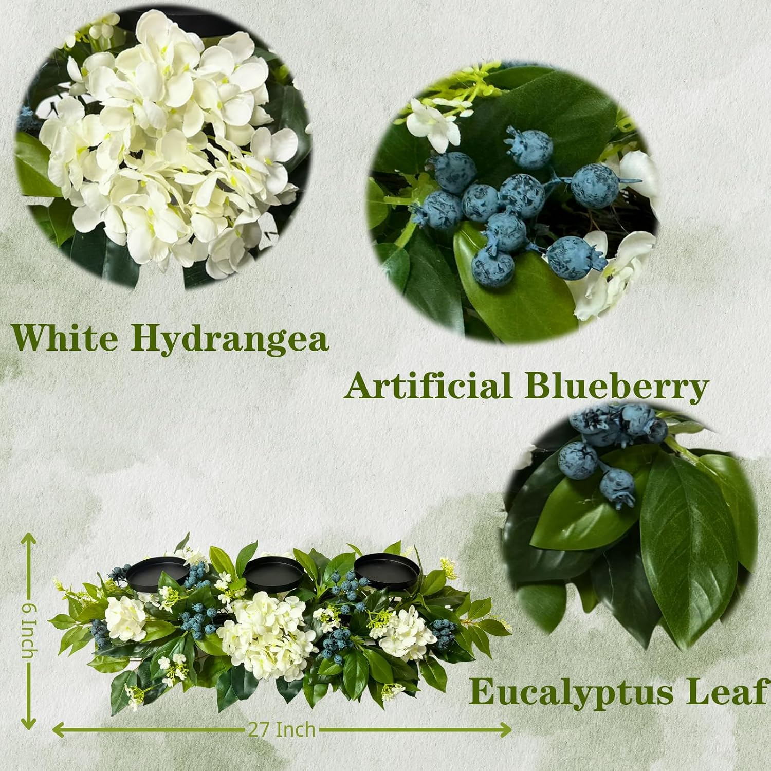 3 Candle Holder Centerpiece with Faux White Hydrangeas and Berries, additional listing view 4