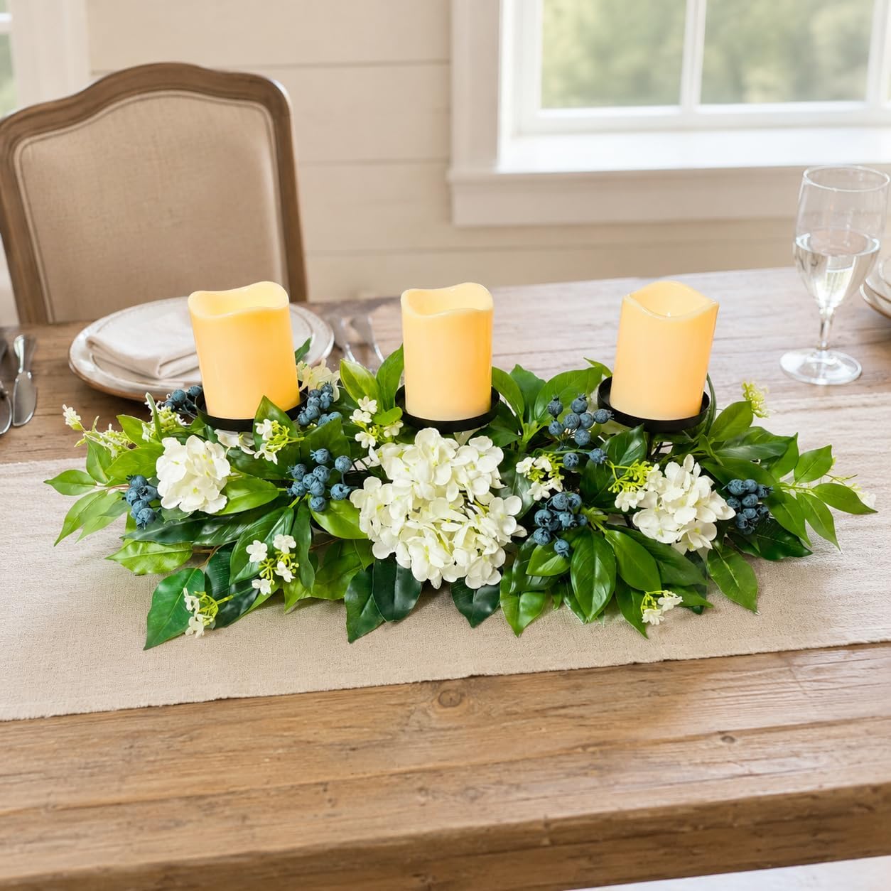 3 Candle Holder Centerpiece with Faux White Hydrangeas and Berries, additional listing view 5