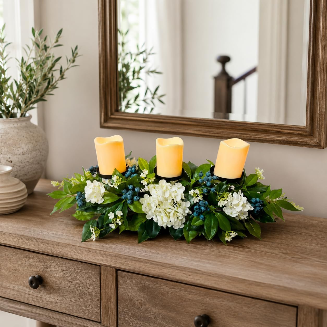 3 Candle Holder Centerpiece with Faux White Hydrangeas and Berries, additional listing view 6