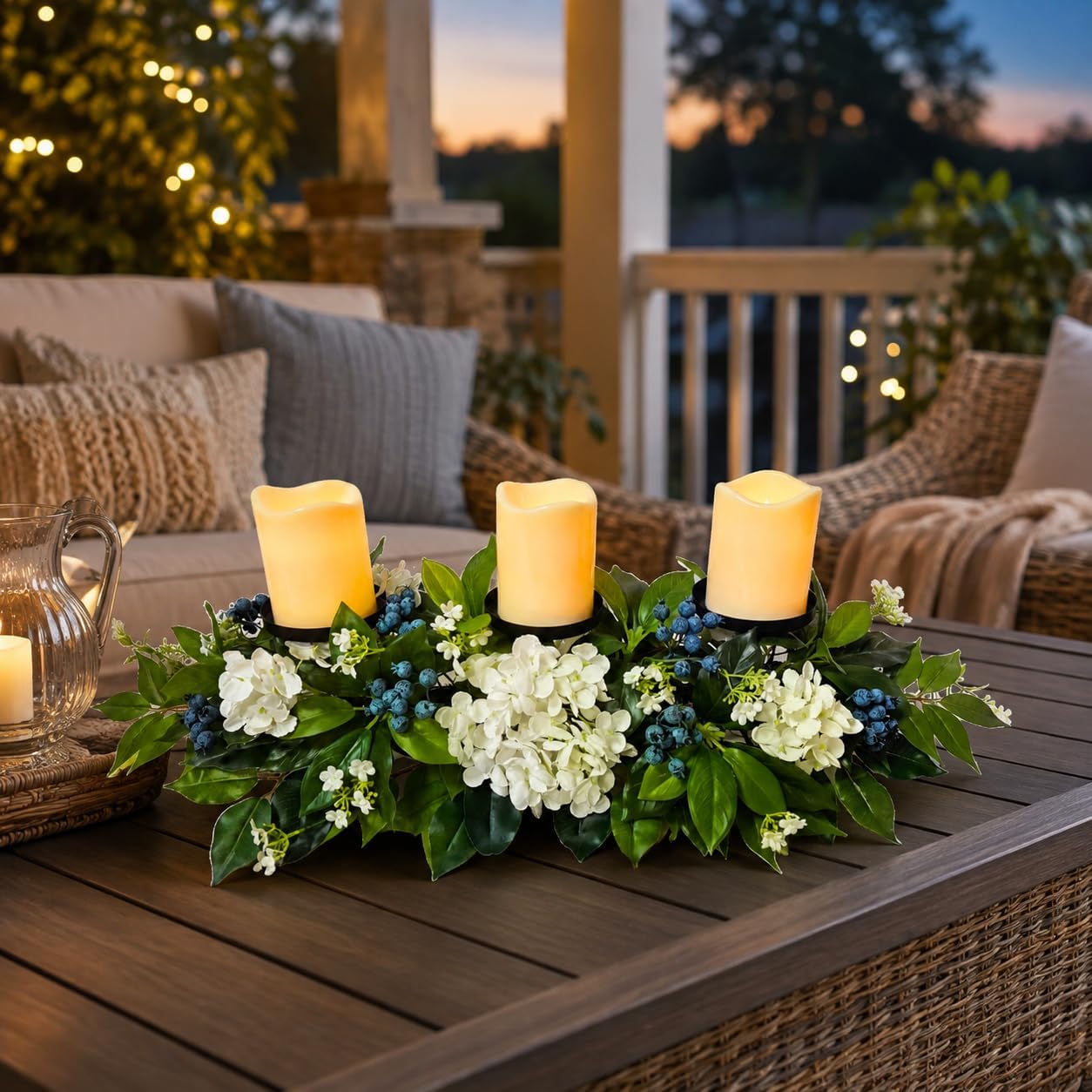 3 Candle Holder Centerpiece with Faux White Hydrangeas and Berries, additional listing view 7