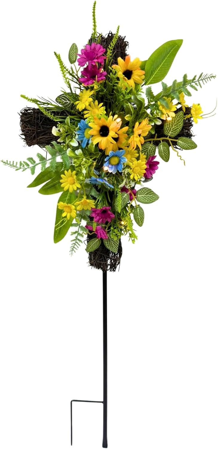32 Inch Solar Garden Stake with Yellow Daisies and Wildflowers, main product view