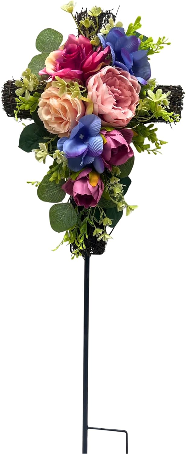 32 Inch Solar Memorial Cross Stake with Peonies and Roses, main product view