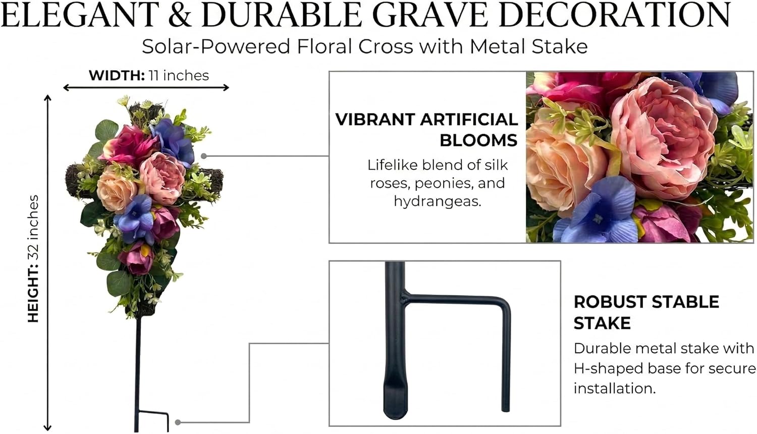 32 Inch Solar Memorial Cross Stake with Peonies and Roses, additional listing view 2