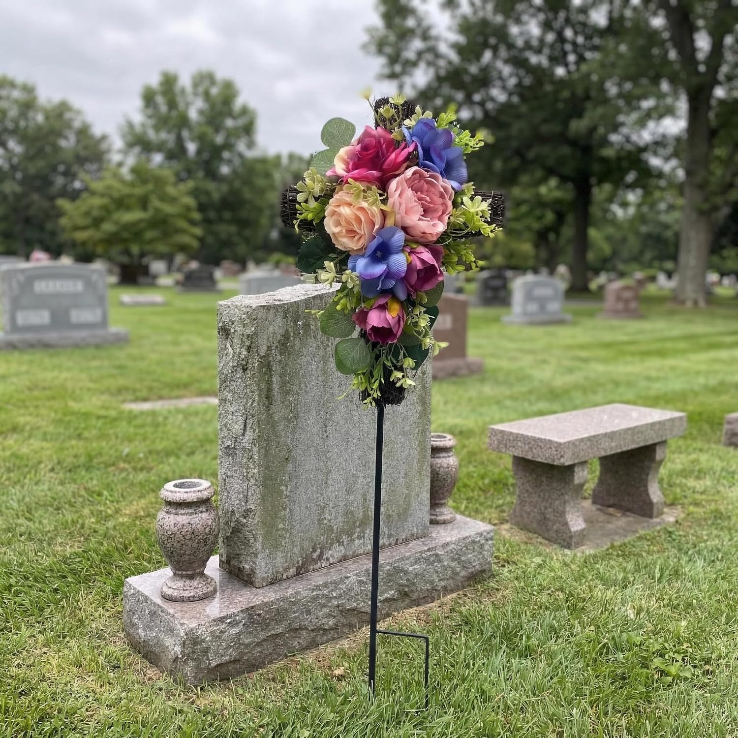 32 Inch Solar Memorial Cross Stake with Peonies and Roses, additional listing view 4