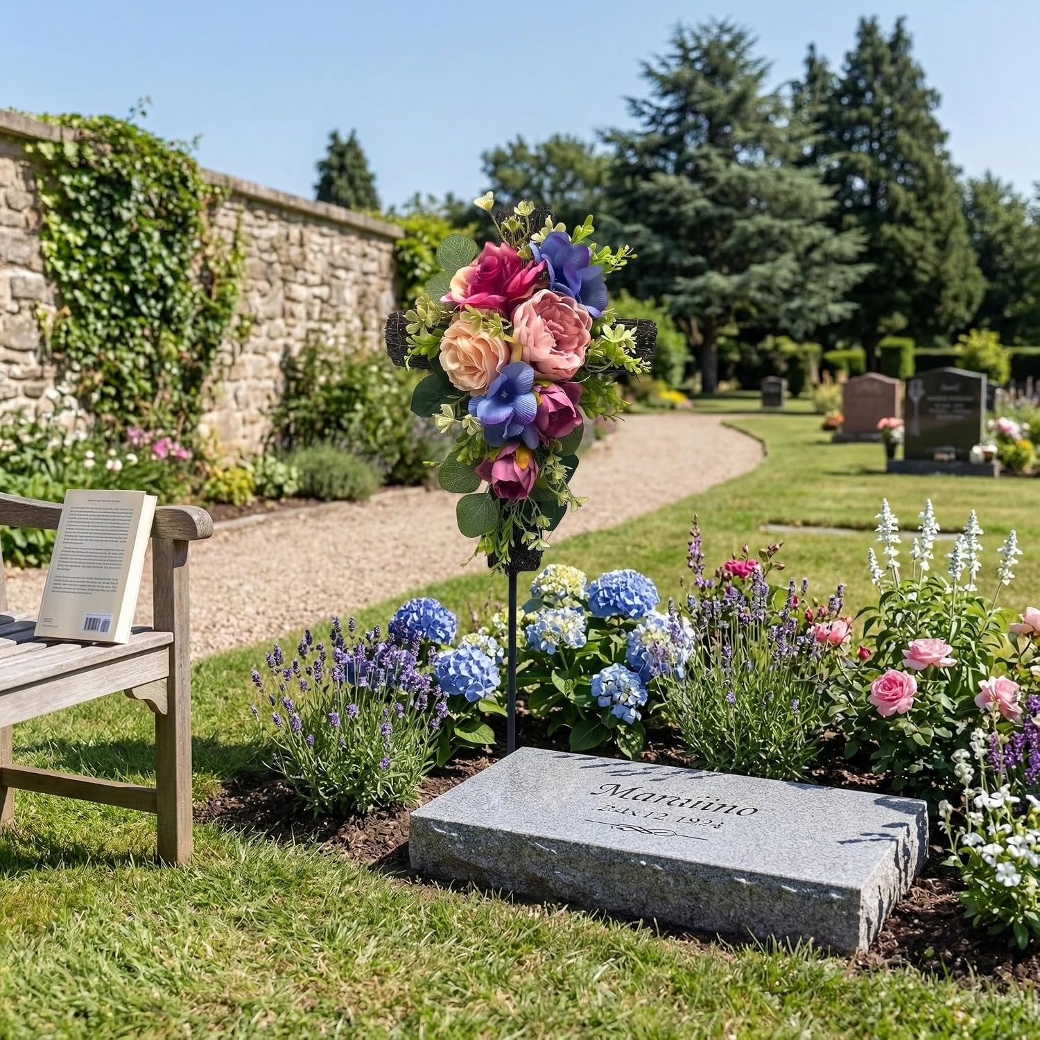 32 Inch Solar Memorial Cross Stake with Peonies and Roses, additional listing view 5