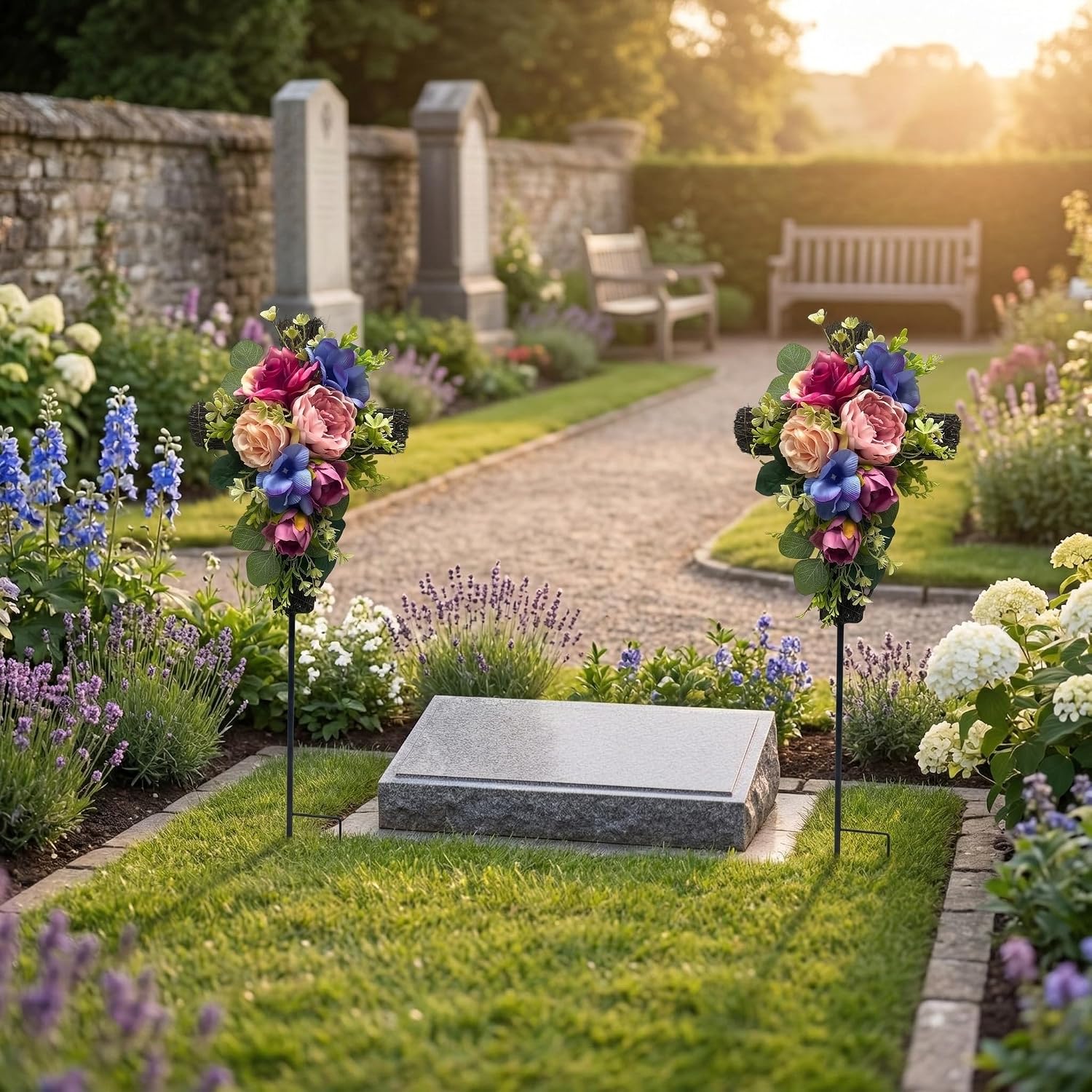 32 Inch Solar Memorial Cross Stake with Peonies and Roses, additional listing view 7