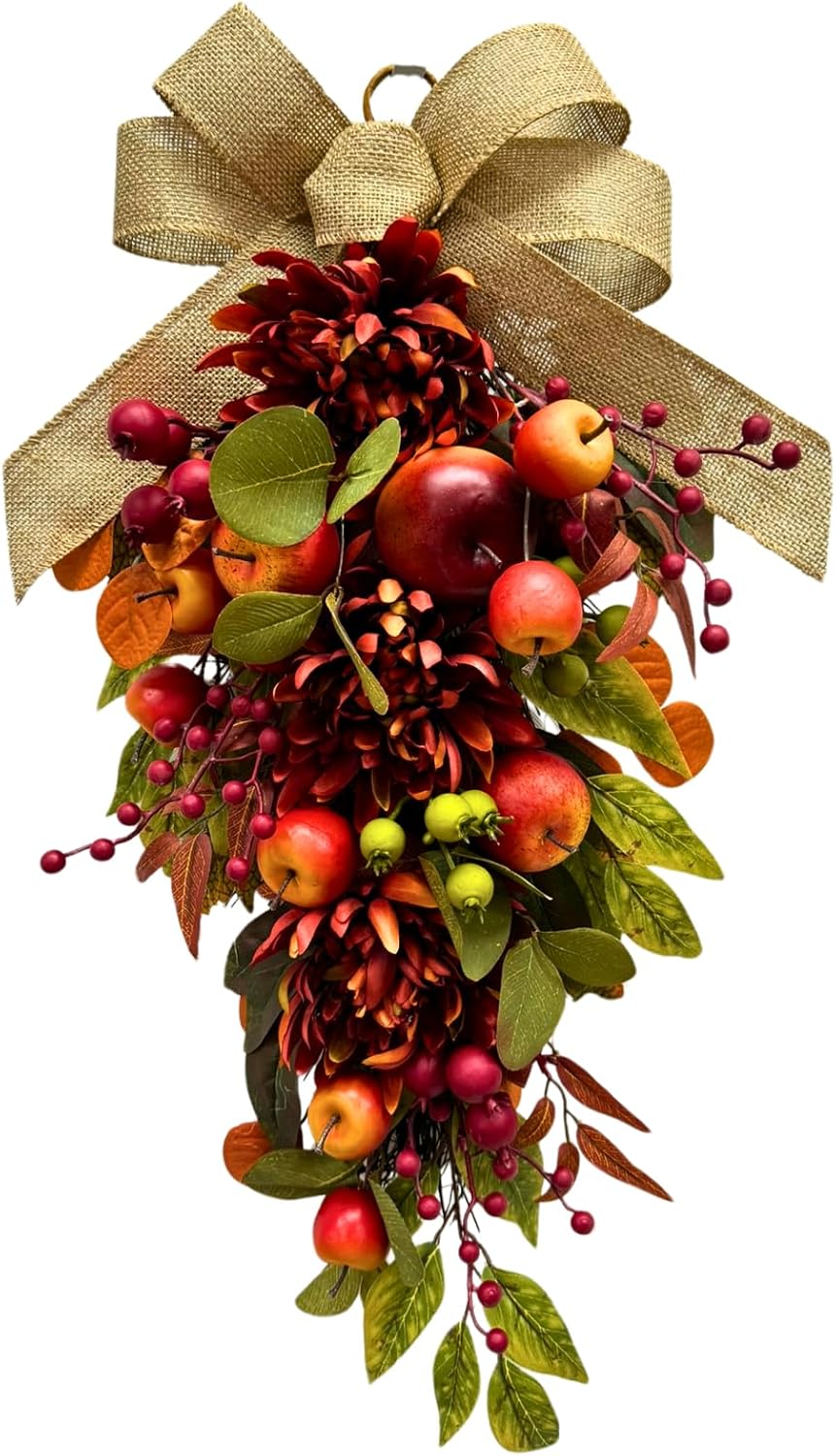 Fall teardrop door swag with faux apples, burgundy mums, berry sprays, foliage, and burlap bow