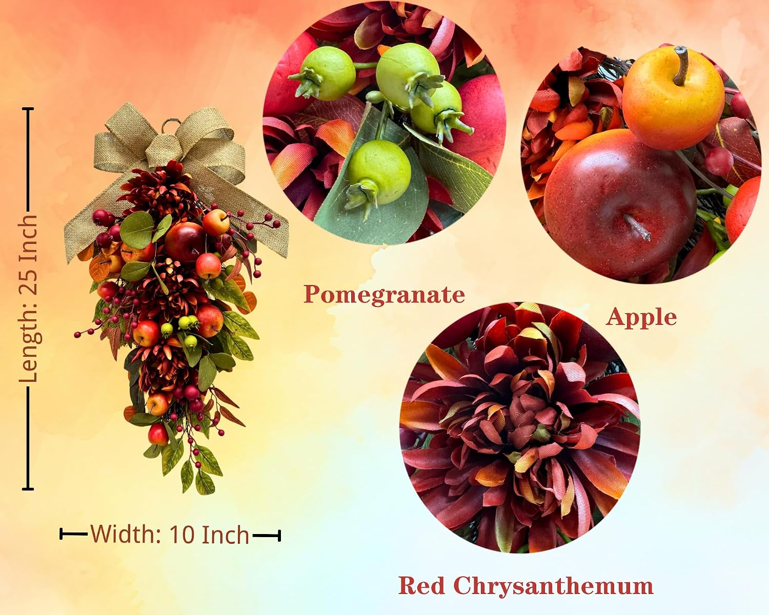 Product detail guide showing the apple, pomegranate, and burgundy mum accents