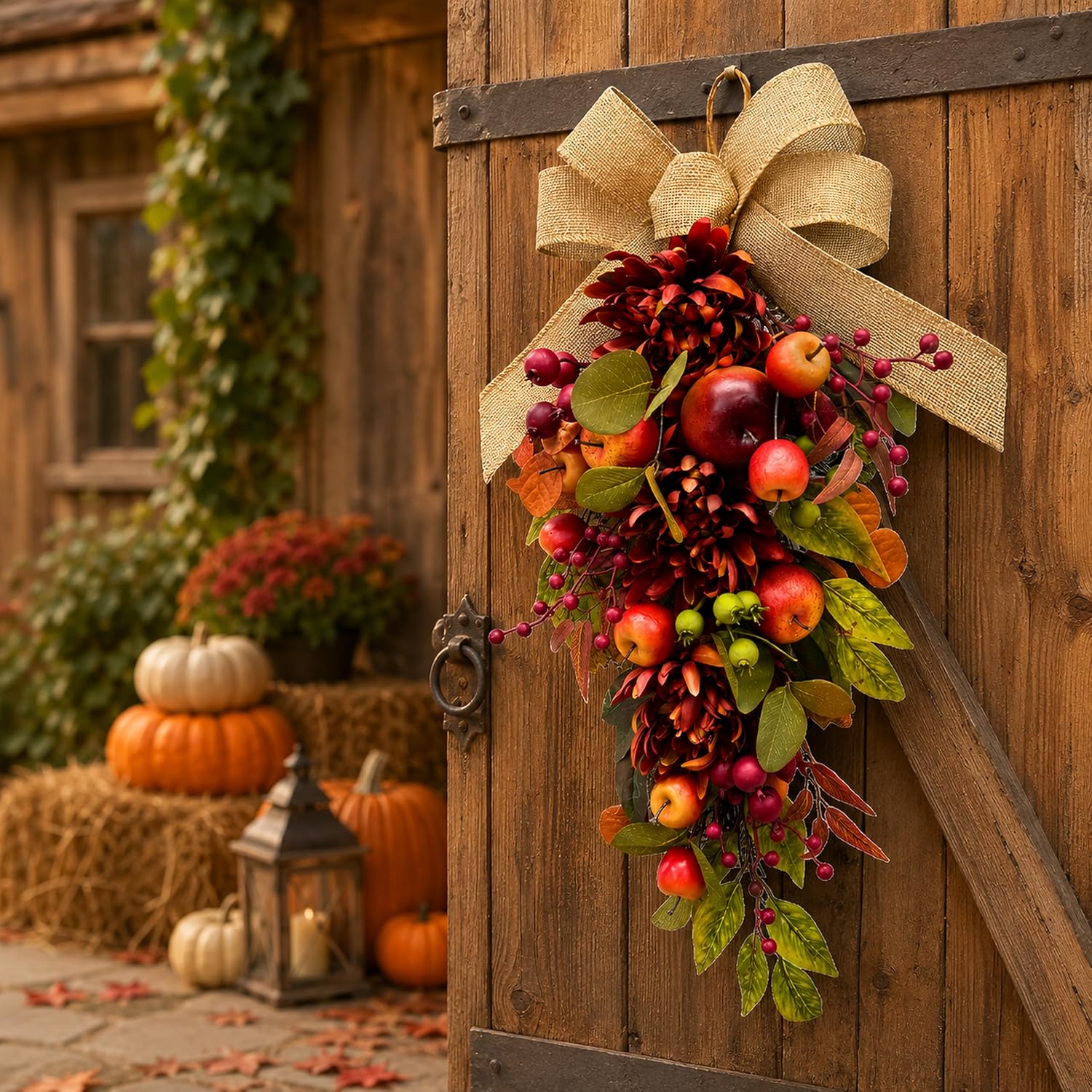 Apple & Burgundy Mum Fall Door Swag shown in an additional Amazon listing detail view
