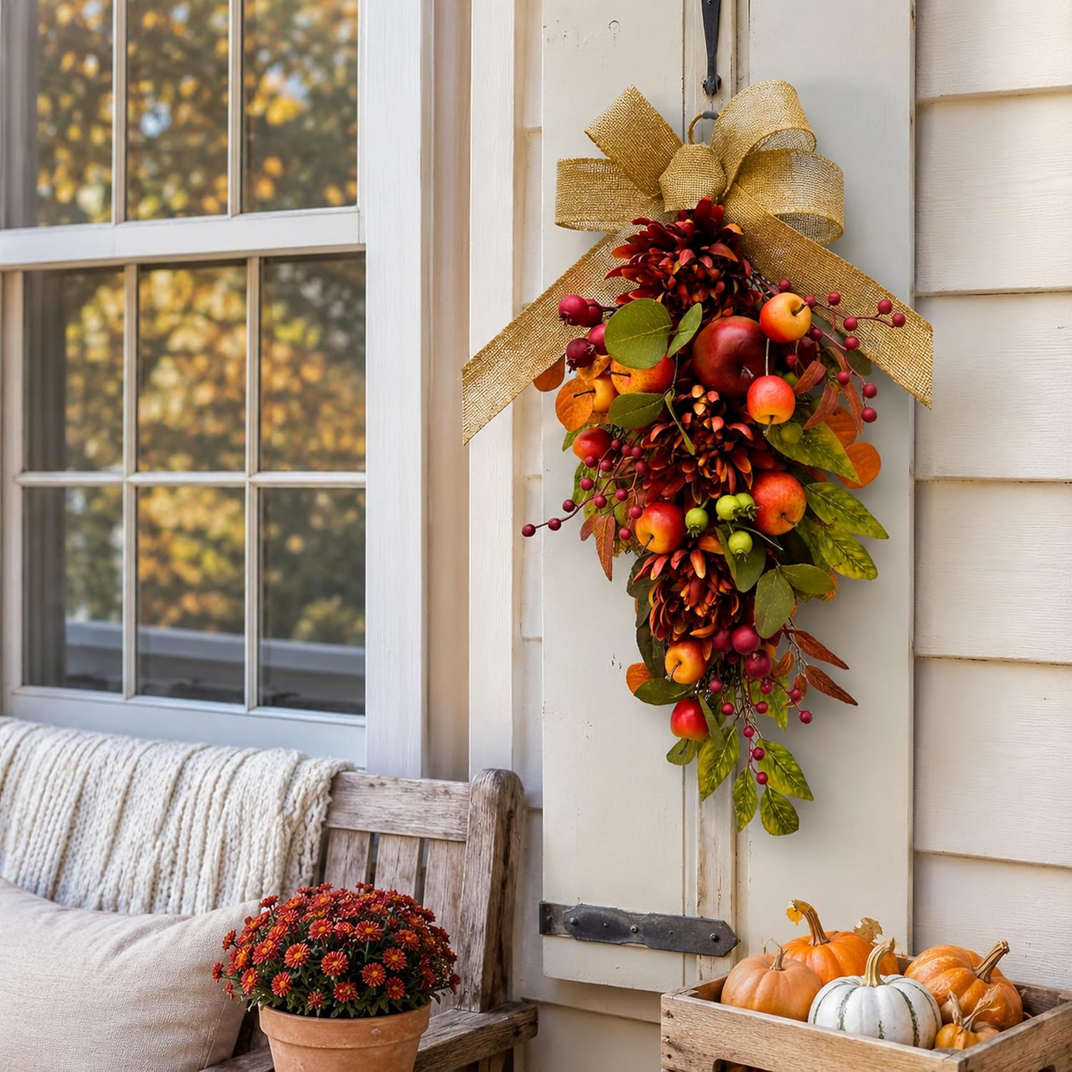 Apple & Burgundy Mum Fall Door Swag feature and construction detail from the Amazon listing