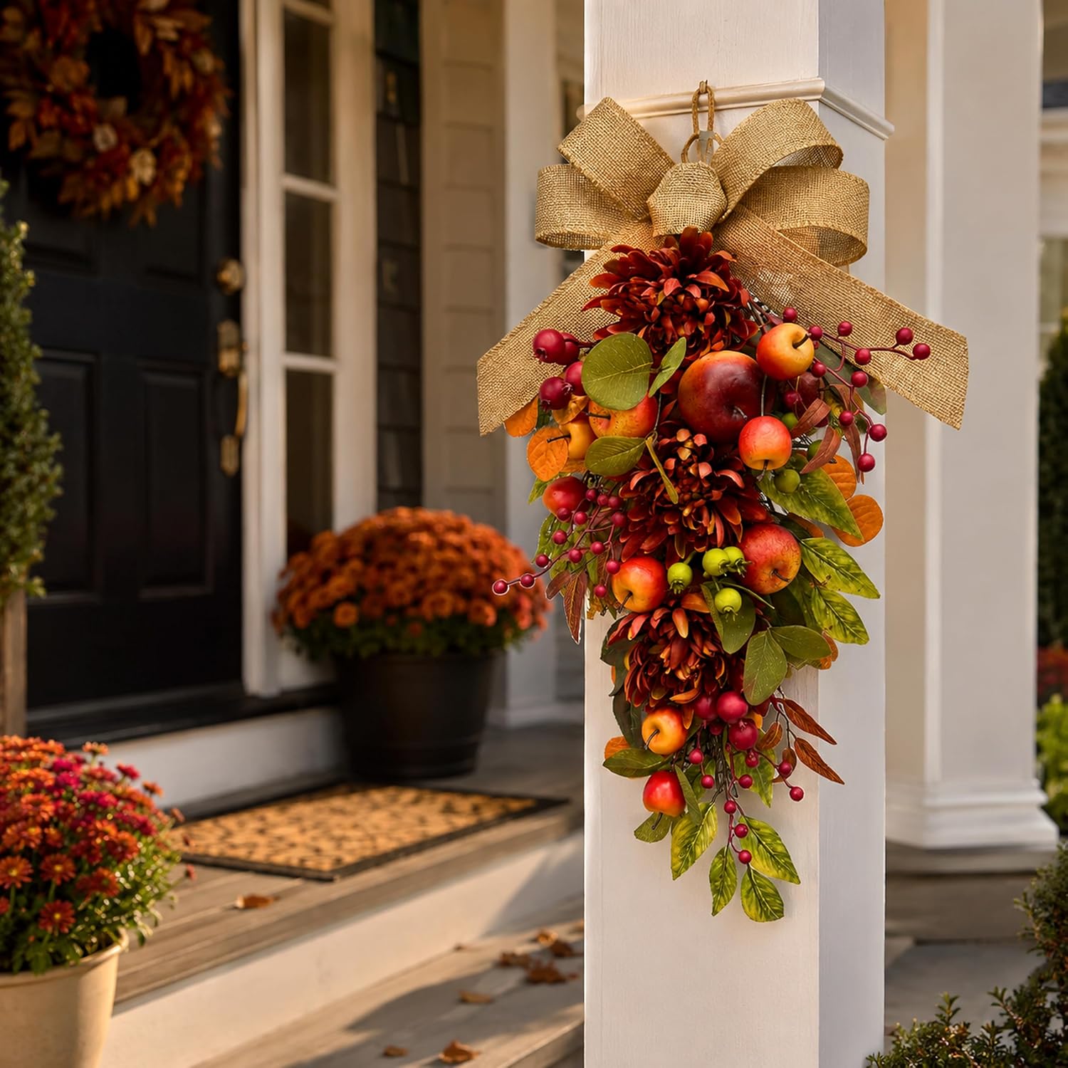 Apple & Burgundy Mum Fall Door Swag placement and seasonal styling view from the Amazon listing