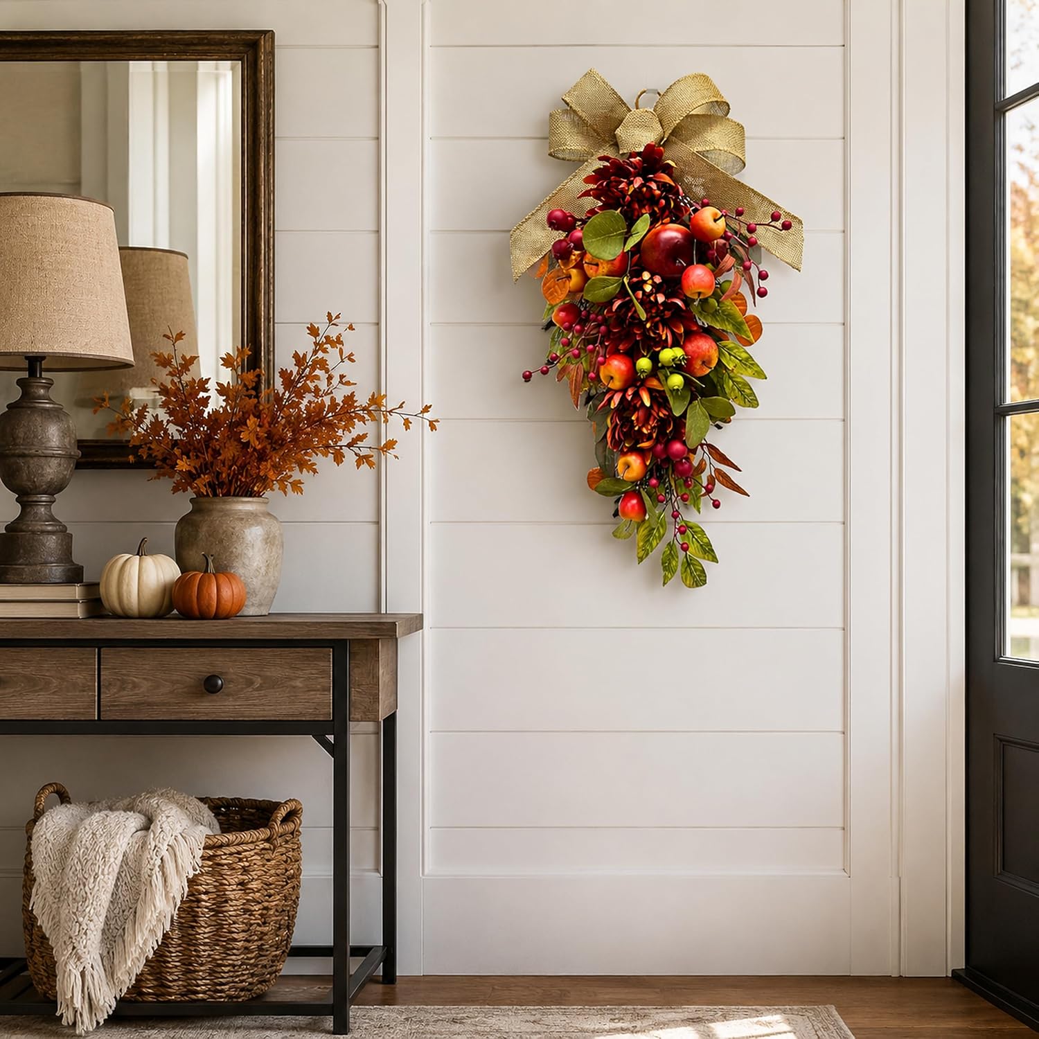 Apple & Burgundy Mum Fall Door Swag final product information view from the Amazon listing