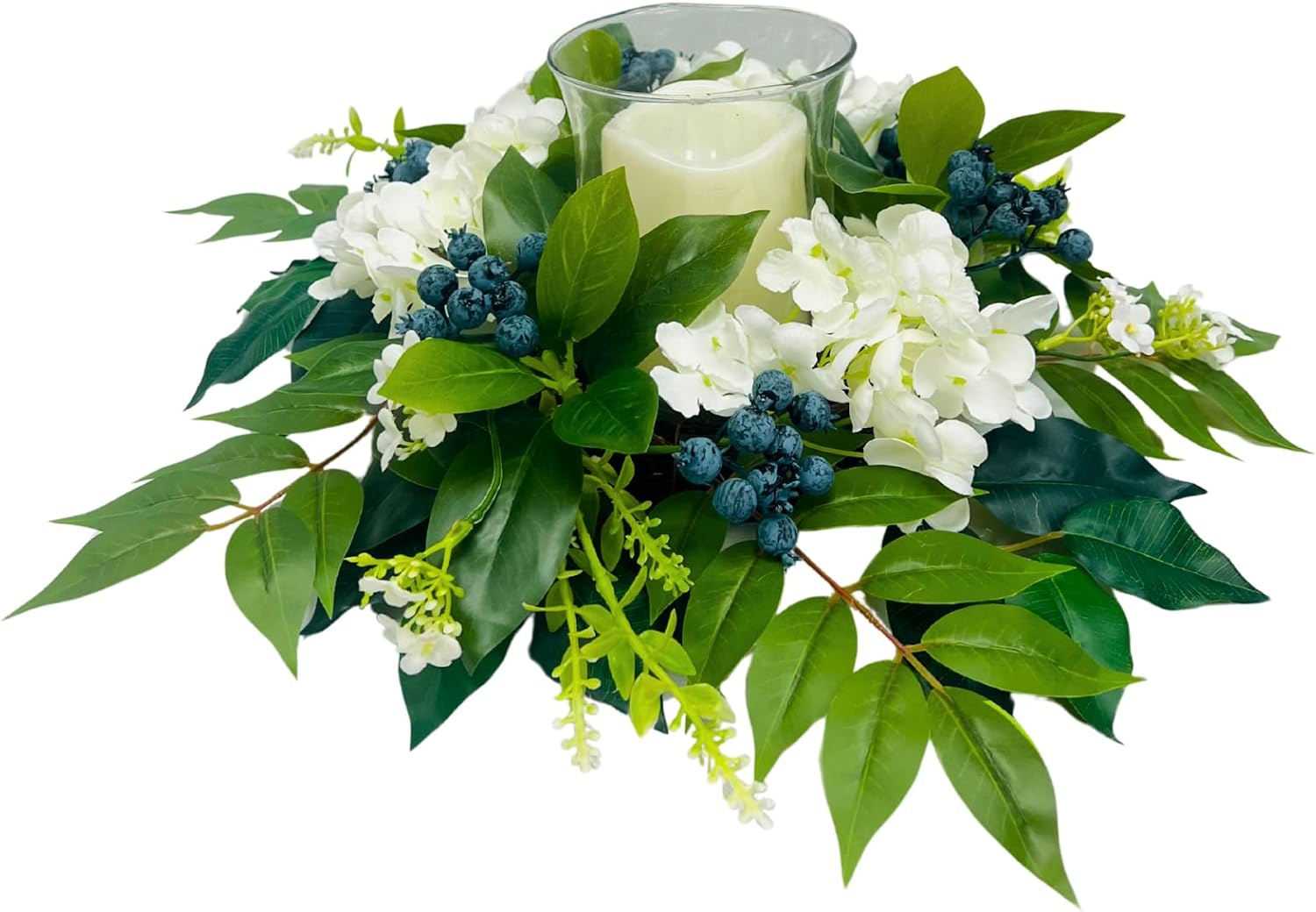 Candle Holder Centerpiece with Glass Hurricane and White Hydrangeas, main product view