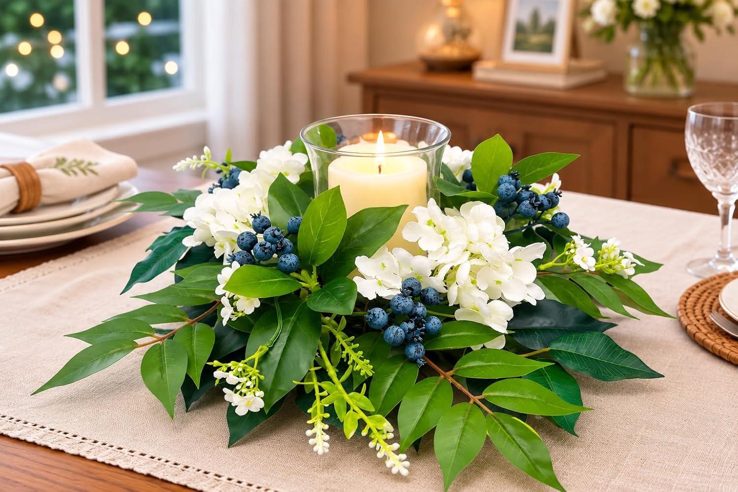 Candle Holder Centerpiece with Glass Hurricane and White Hydrangeas, additional listing view 5
