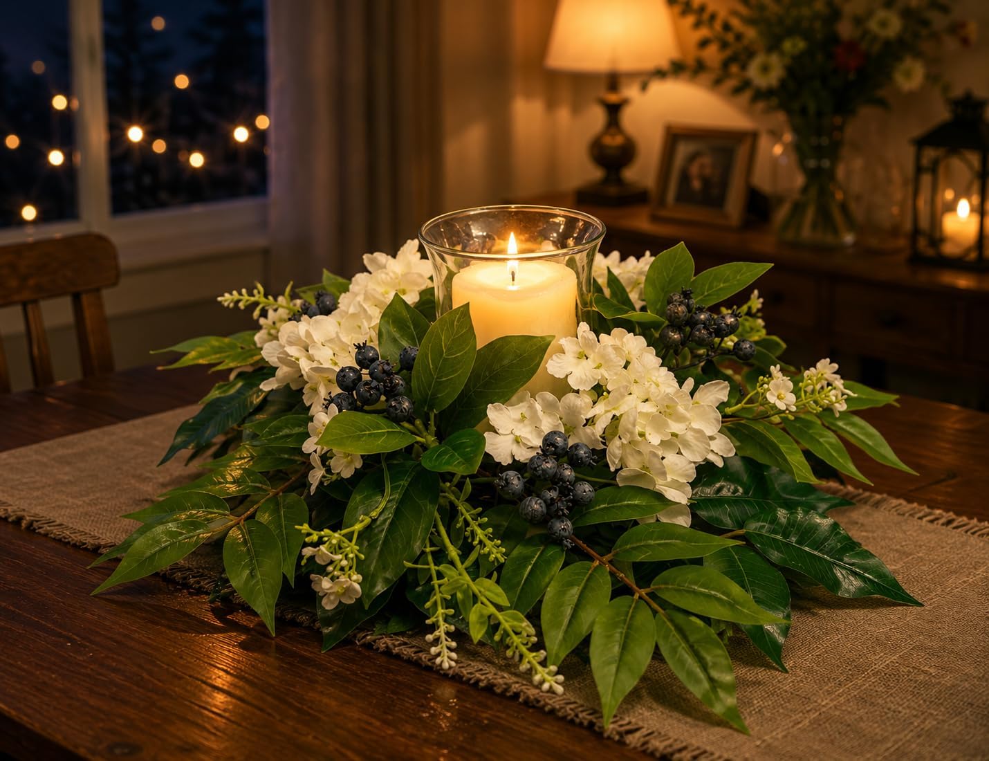 Candle Holder Centerpiece with Glass Hurricane and White Hydrangeas, additional listing view 6