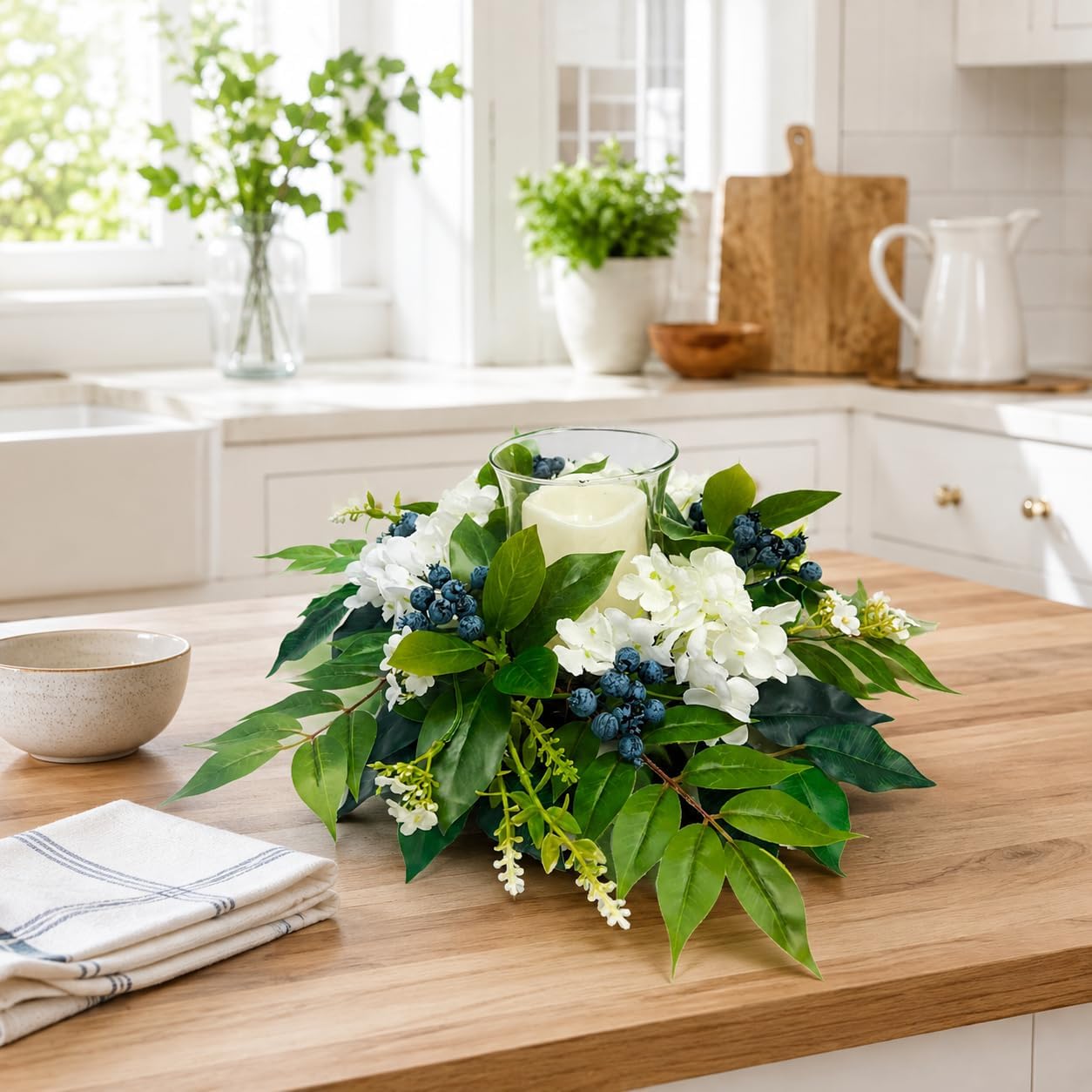Candle Holder Centerpiece with Glass Hurricane and White Hydrangeas, additional listing view 7