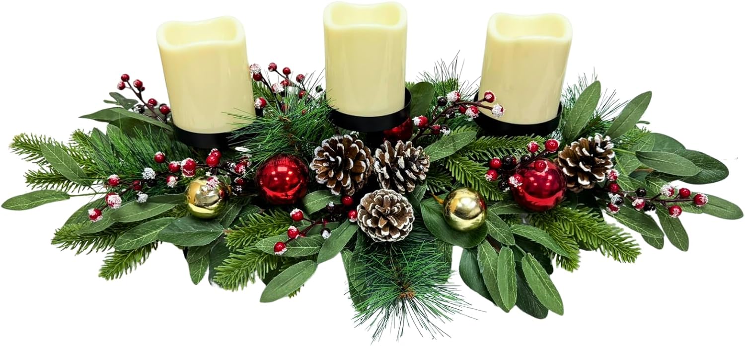 Christmas 3 Candle Holder Centerpiece with Red Berries, Ornaments, main product view