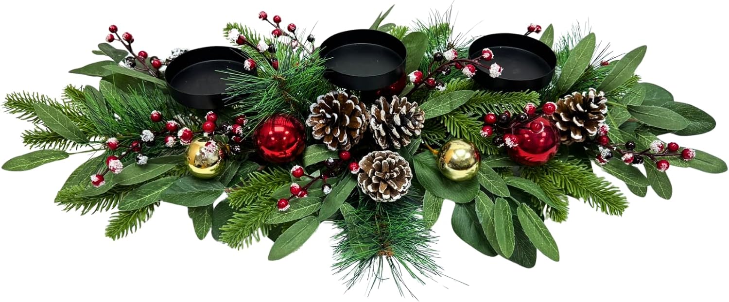 Christmas 3 Candle Holder Centerpiece with Red Berries, Ornaments, additional listing view 2