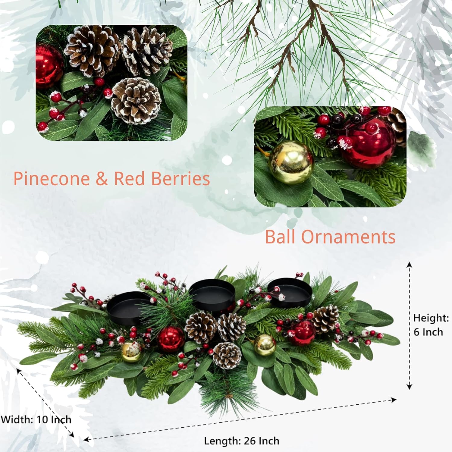 Christmas 3 Candle Holder Centerpiece with Red Berries, Ornaments, additional listing view 3