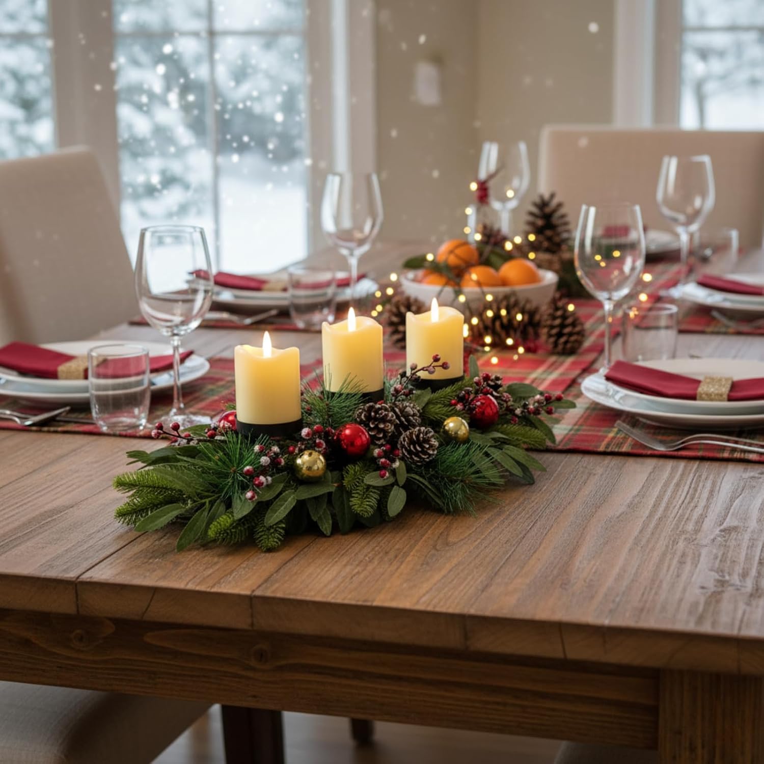 Christmas 3 Candle Holder Centerpiece with Red Berries, Ornaments, additional listing view 4
