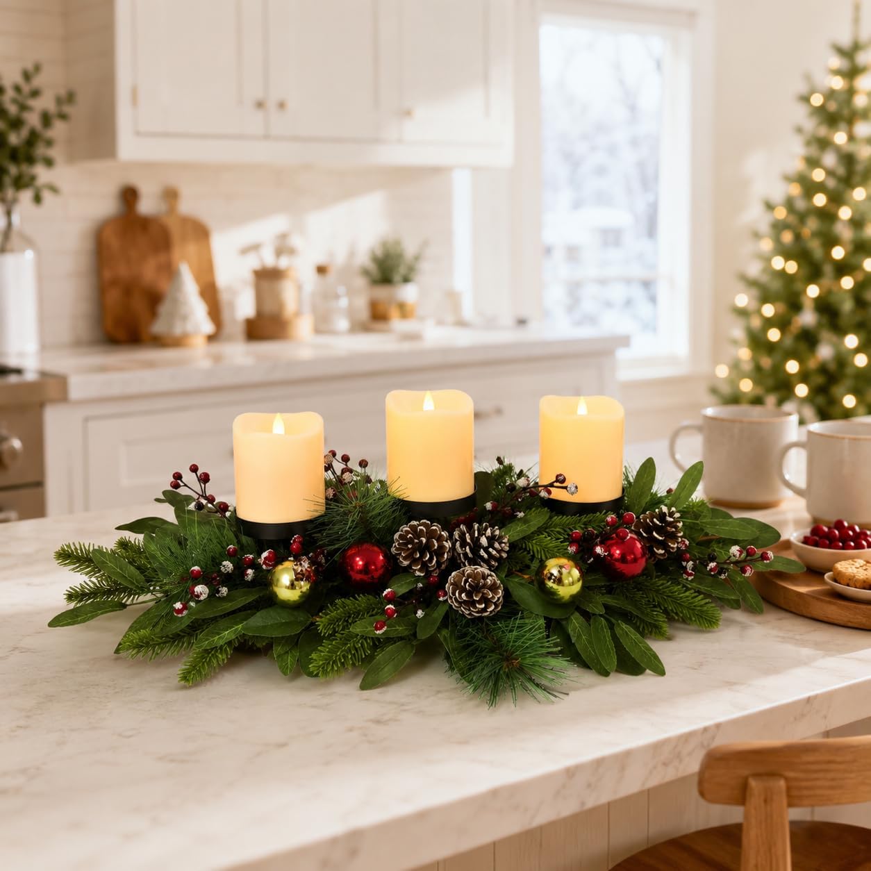 Christmas 3 Candle Holder Centerpiece with Red Berries, Ornaments, additional listing view 5