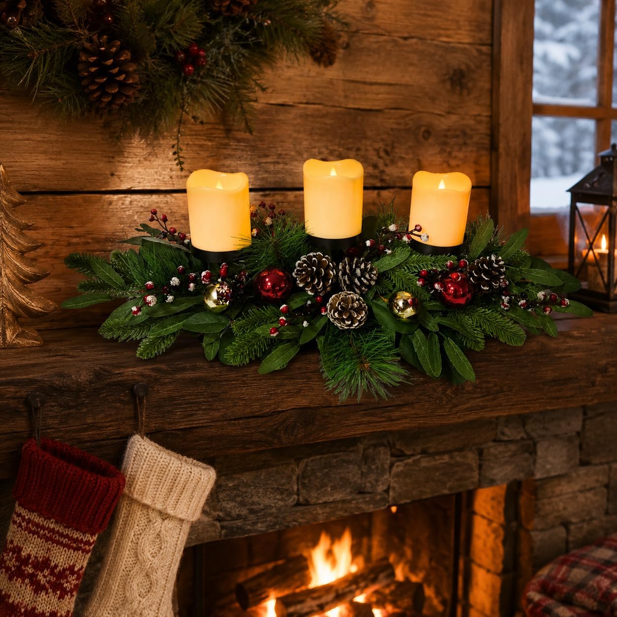 Christmas 3 Candle Holder Centerpiece with Red Berries, Ornaments, additional listing view 7