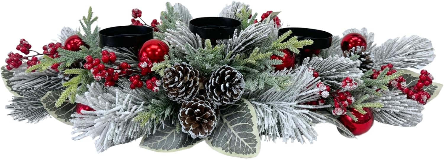 Christmas Candle Holder 3 Candle Holders Xmas Table Centerpiece with Snow Flocked, main product view