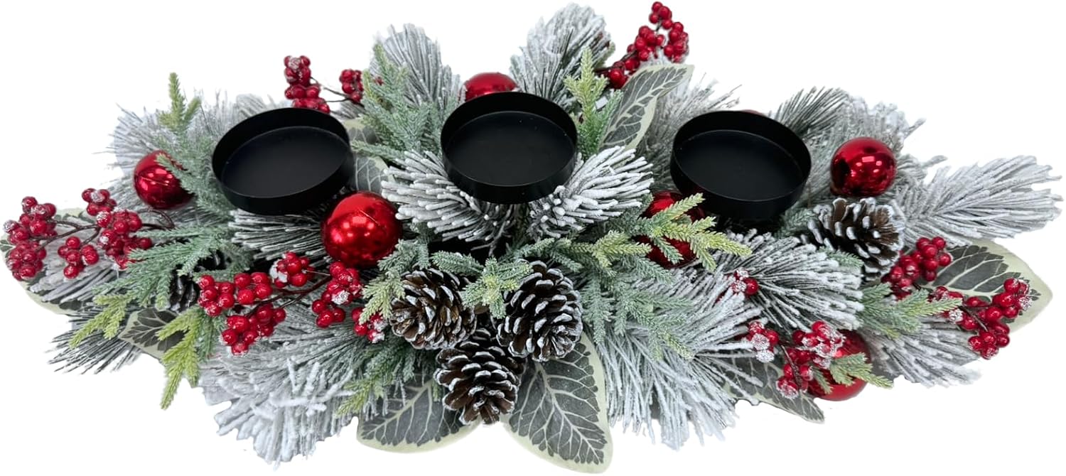 Christmas Candle Holder 3 Candle Holders Xmas Table Centerpiece with Snow Flocked, additional listing view 2