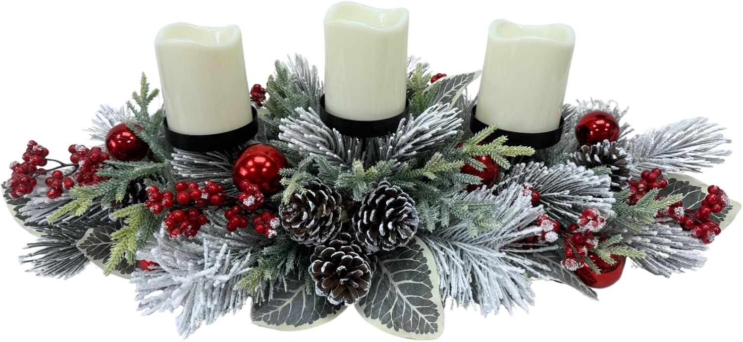 Christmas Candle Holder 3 Candle Holders Xmas Table Centerpiece with Snow Flocked, additional listing view 4